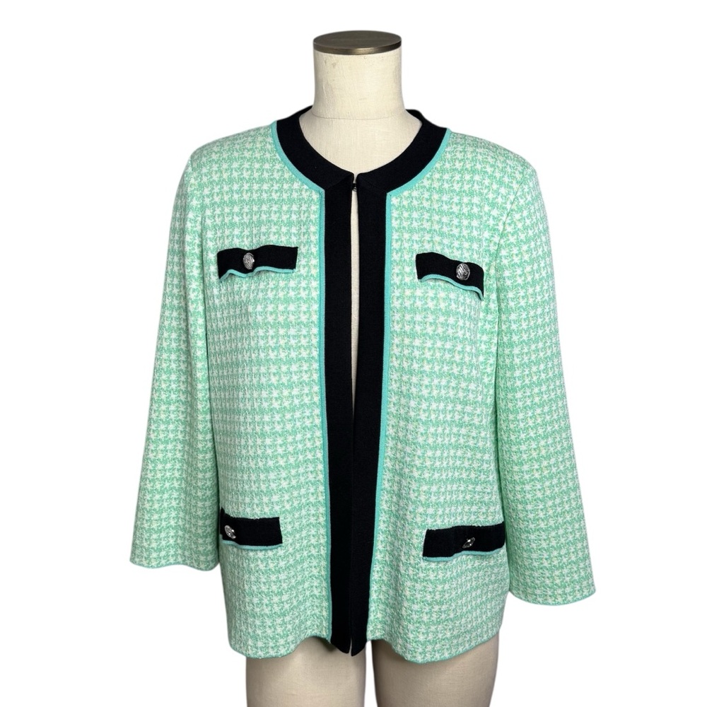 MING WANG Green/ Black Houndstooth Contrast Trim Knit Jacket Size L Office Work
